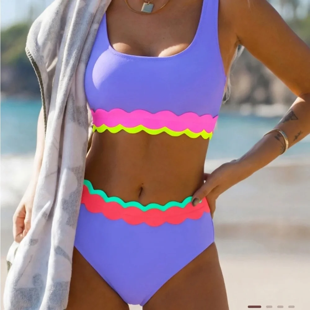 Popvil Scallop Trim Colorblock Bikini Set